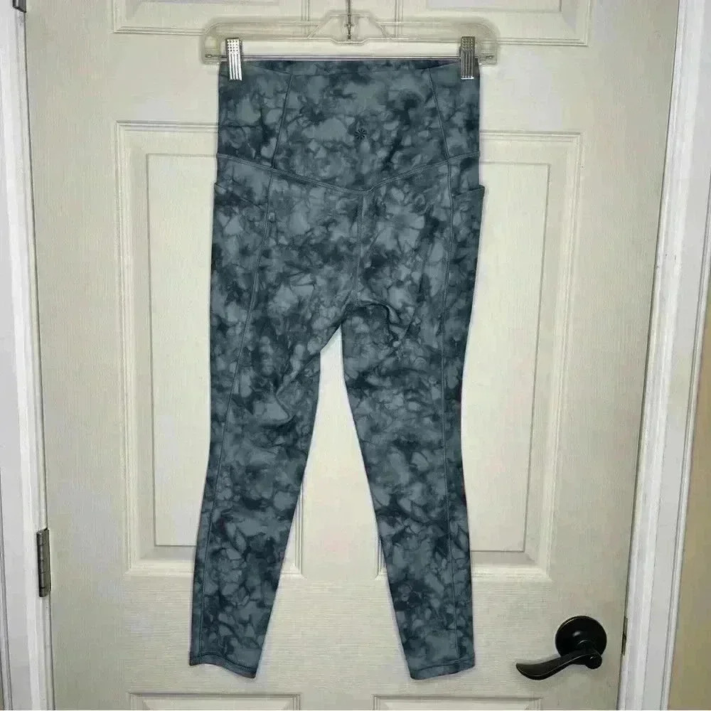 Athleta Salutation Stash Pocket II Printed 7/8 Tight Teal Blue Green Tie Dye SP